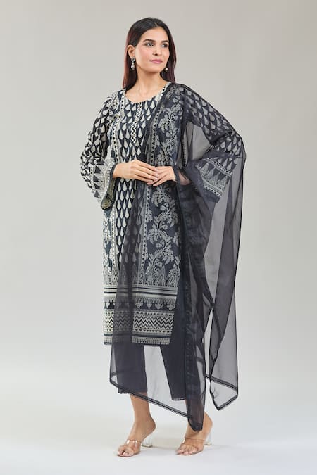 Shop_Samyukta Singhania_Black Cotton, Chiffon Embroidery Round Neck Gullista Handblock Print Kurta Set _Online_at_Aza_Fashions
