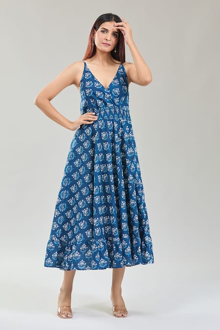 Samyukta Singhania Divena Floral Handblock Print Fit & Flare Midi Dress 