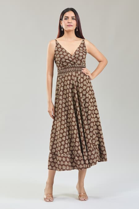 Shop_Naintara Bajaj_Brown Cotton Embroidery V-neck Bloom Handblock Print Midi Dress _Online_at_Aza_Fashions