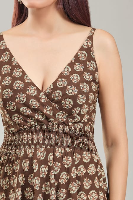 Naintara Bajaj_Brown Cotton Embroidery V-neck Bloom Handblock Print Midi Dress _at_Aza_Fashions