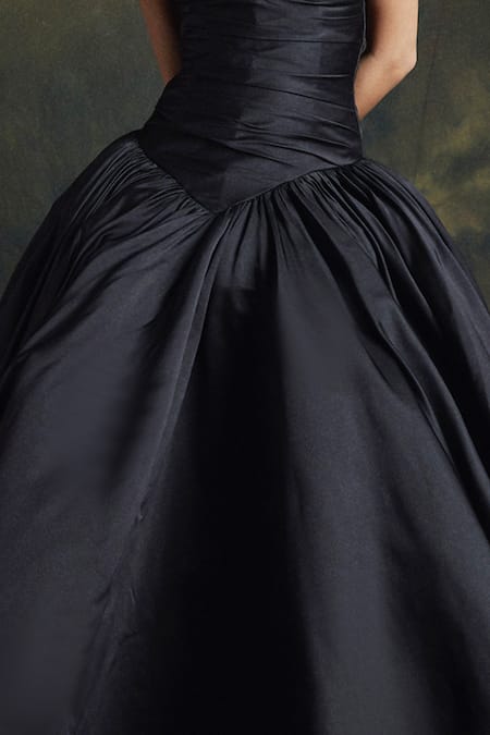 Shop_Gauri & Nainika_Black Denim Sweetheart Neck Strapless Gown _at_Aza_Fashions