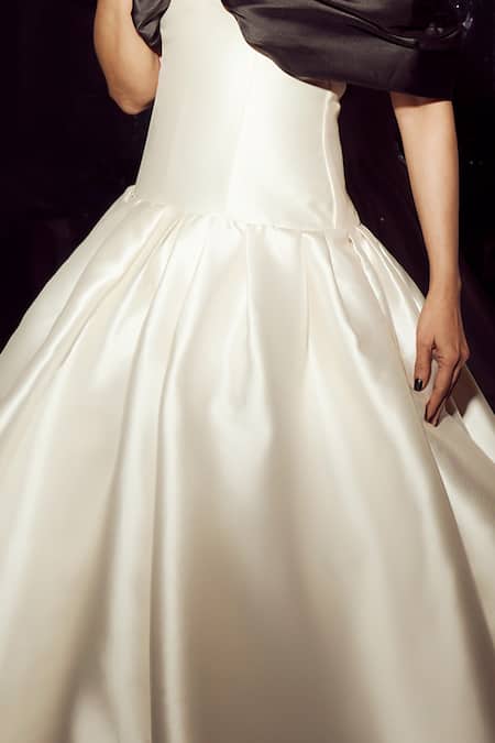 Gauri & Nainika Black & Ivory Off Shoulder Draped Gown 