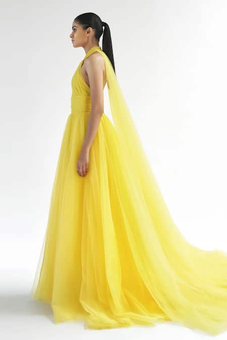 Gauri & Nainika_Yellow Net Halter Neck Gown With Cape Sleeves _Online_at_Aza_Fashions