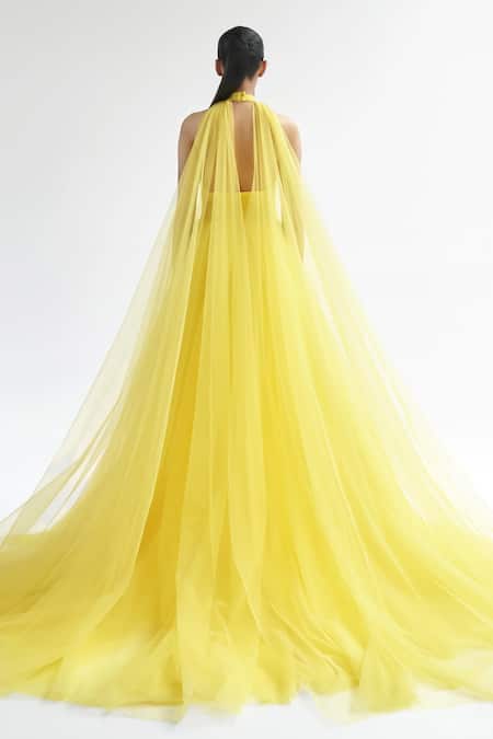 Shop_Gauri & Nainika_Yellow Net Halter Neck Gown With Cape Sleeves _at_Aza_Fashions