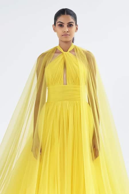 Buy_Gauri & Nainika_Yellow Net Halter Neck Gown With Cape Sleeves _Online_at_Aza_Fashions
