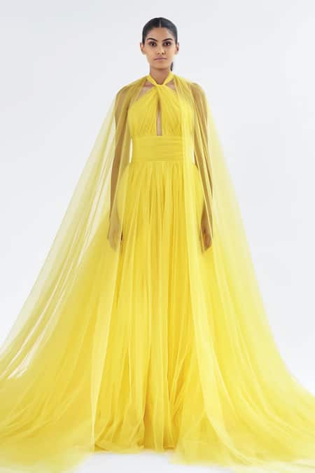 Shop_Gauri & Nainika_Yellow Net Halter Neck Gown With Cape Sleeves _Online_at_Aza_Fashions