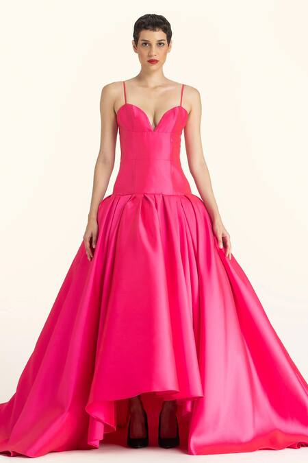 Gauri & Nainika_Fuchsia Microfiber Sweetheart Neck Corseted Mermaid Gown _Online_at_Aza_Fashions