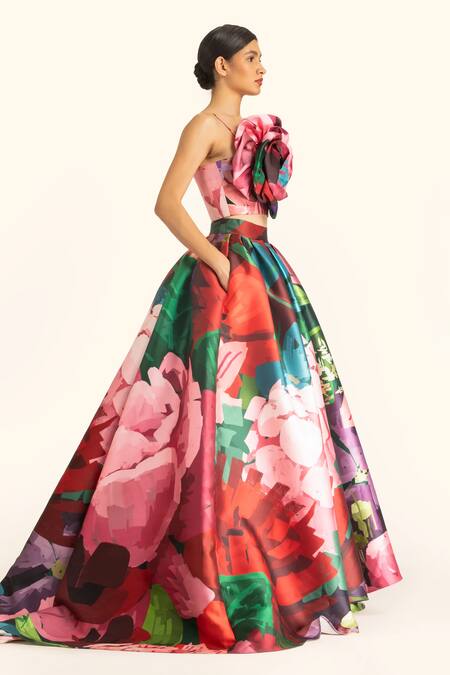 Gauri & Nainika Pink Microfiber Hydrangea Printed Floor Length Skirt Online at Aza Fashions Gauri & Nainika_Pink Microfiber Hydrangea Printed Floor Length Skirt _Online_at_Aza_Fashions