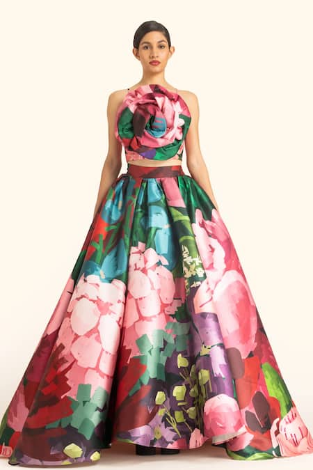 Shop Gauri & Nainika Pink Microfiber Hydrangea Printed Floor Length Skirt at Aza Fashions Shop_Gauri & Nainika_Pink Microfiber Hydrangea Printed Floor Length Skirt _at_Aza_Fashions