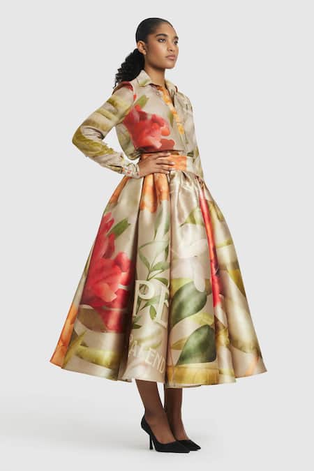 Gauri & Nainika_Brown Chanderi Collared Printed Shirt _Online_at_Aza_Fashions