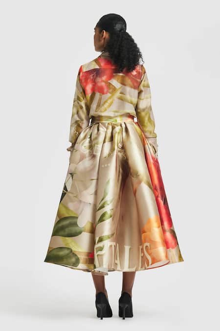 Shop_Gauri & Nainika_Brown Chanderi Collared Printed Shirt _at_Aza_Fashions