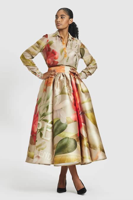Buy_Gauri & Nainika_Brown Chanderi Collared Printed Shirt _Online_at_Aza_Fashions