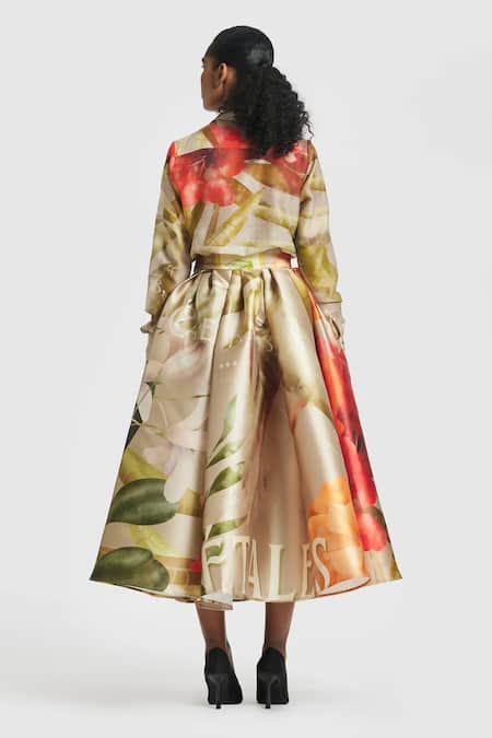 Shop Gauri & Nainika Brown Microfiber Printed Skirt With Carnation Design at Aza Fashions Shop_Gauri & Nainika_Brown Microfiber Printed Skirt With Carnation Design _at_Aza_Fashions