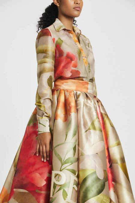 Buy Gauri & Nainika Brown Microfiber Printed Skirt With Carnation Design Online at Aza Fashions Buy_Gauri & Nainika_Brown Microfiber Printed Skirt With Carnation Design _Online_at_Aza_Fashions