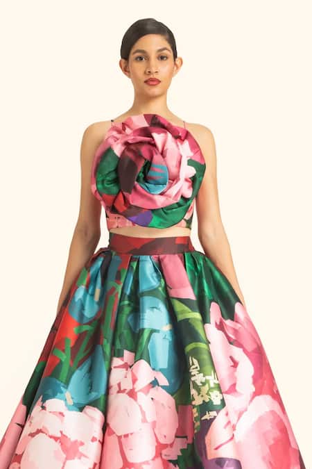 Gauri & Nainika_Pink Microfiber Embroidery Asymmetric 3d Rose Printed Corset Top _Online_at_Aza_Fashions