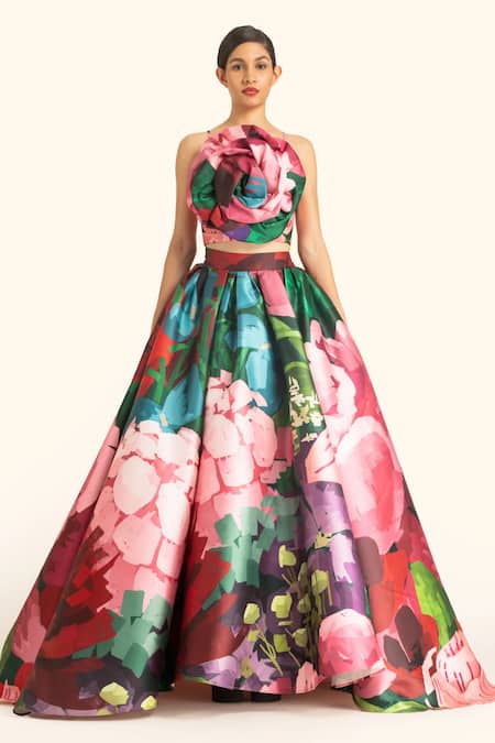 Shop_Gauri & Nainika_Pink Microfiber Embroidery Asymmetric 3d Rose Printed Corset Top _at_Aza_Fashions