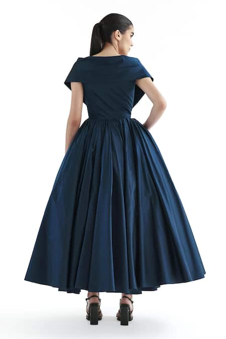 Shop Gauri & Nainika Blue Denim Off-shoulder Teal Lifted Hem Gown at Aza Fashions Shop_Gauri & Nainika_Blue Denim Off-shoulder Teal Lifted Hem Gown _at_Aza_Fashions