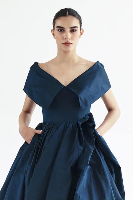 Gauri & Nainika Blue Denim Off-shoulder Teal Lifted Hem Gown Online at Aza Fashions Gauri & Nainika_Blue Denim Off-shoulder Teal Lifted Hem Gown _Online_at_Aza_Fashions