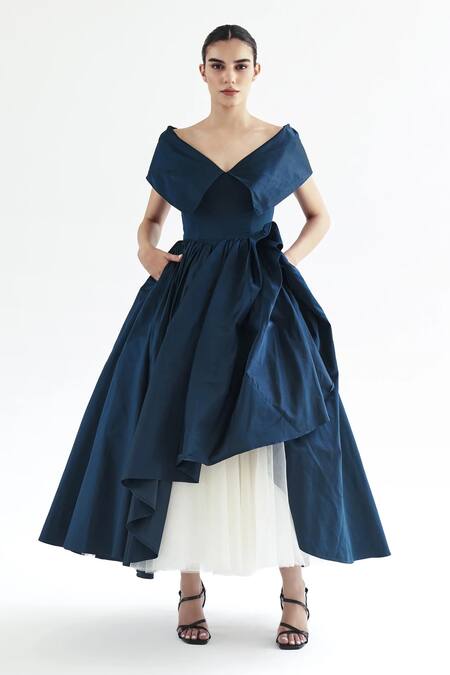 Buy Gauri & Nainika Blue Denim Off-shoulder Teal Lifted Hem Gown Online at Aza Fashions Buy_Gauri & Nainika_Blue Denim Off-shoulder Teal Lifted Hem Gown _Online_at_Aza_Fashions