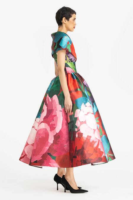 Gauri & Nainika Multi Color Microfiber Shawl Neck Hydrangea Print Midi Dress Online at Aza Fashions Gauri & Nainika_Multi Color Microfiber Shawl Neck Hydrangea Print Midi Dress _Online_at_Aza_Fashions