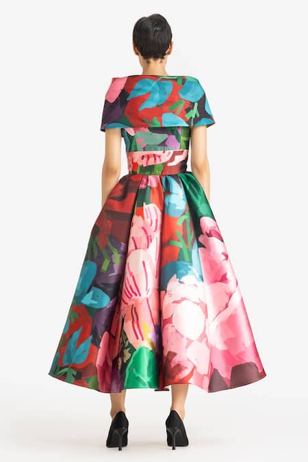 Shop Gauri & Nainika Multi Color Microfiber Shawl Neck Hydrangea Print Midi Dress at Aza Fashions Shop_Gauri & Nainika_Multi Color Microfiber Shawl Neck Hydrangea Print Midi Dress _at_Aza_Fashions