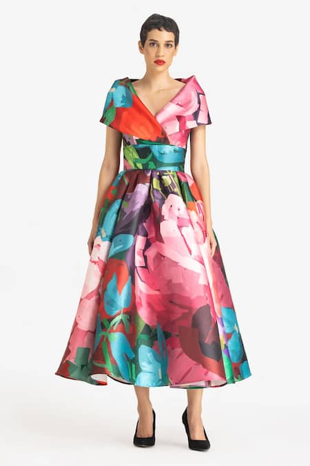 Buy Gauri & Nainika Multi Color Microfiber Shawl Neck Hydrangea Print Midi Dress Online at Aza Fashions Buy_Gauri & Nainika_Multi Color Microfiber Shawl Neck Hydrangea Print Midi Dress _Online_at_Aza_Fashions