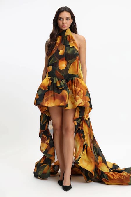 Shop Gauri & Nainika Yellow Chiffon Halter Neck Bloom Print Dress at Aza Fashions Shop_Gauri & Nainika_Yellow Chiffon Halter Neck Bloom Print Dress _at_Aza_Fashions