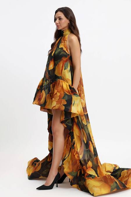 Gauri & Nainika Yellow Chiffon Halter Neck Bloom Print Dress Online at Aza Fashions Gauri & Nainika_Yellow Chiffon Halter Neck Bloom Print Dress _Online_at_Aza_Fashions
