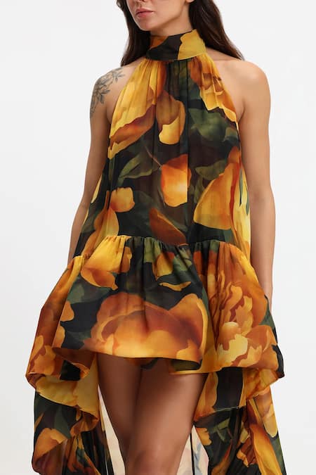 Buy Gauri & Nainika Yellow Chiffon Halter Neck Bloom Print Dress Online at Aza Fashions Buy_Gauri & Nainika_Yellow Chiffon Halter Neck Bloom Print Dress _Online_at_Aza_Fashions