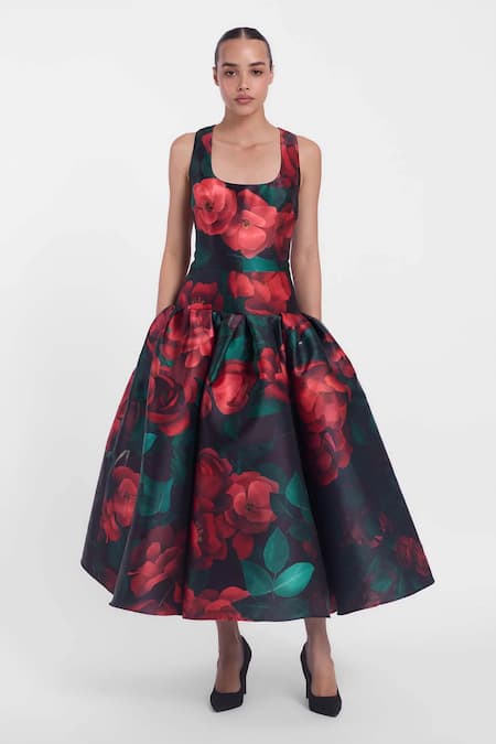 Buy Gauri & Nainika Black Microfiber Round Neck And Red Rose Print Midi Dress Online at Aza Fashions Buy_Gauri & Nainika_Black Microfiber Round Neck And Red Rose Print Midi Dress _Online_at_Aza_Fashions