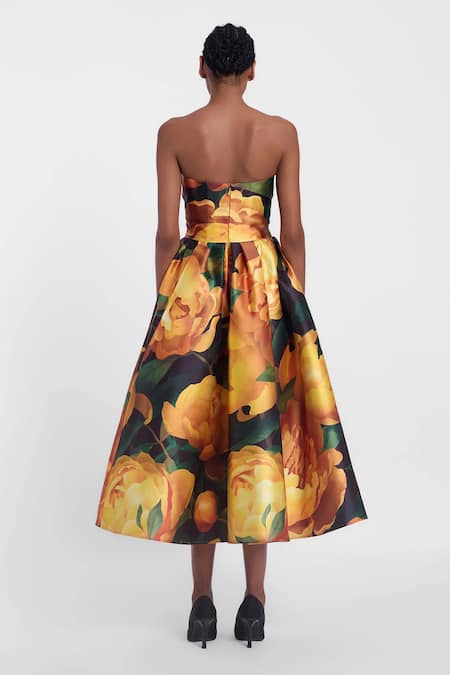 Gauri & Nainika_Yellow Microfiber Off-shoulder Bloom Printed Strapless Midi Dress _Online_at_Aza_Fashions