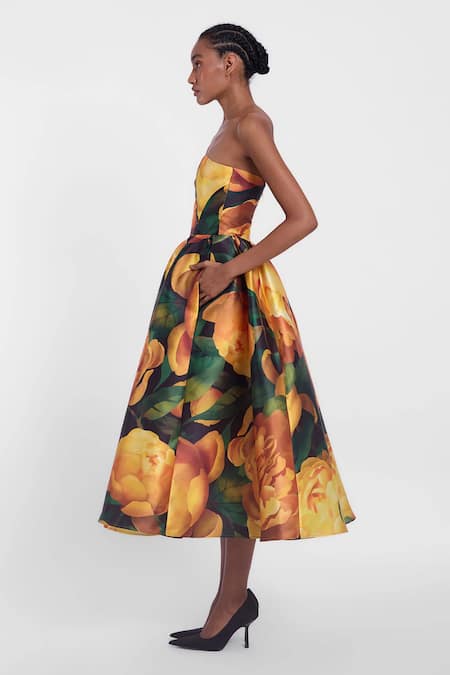 Buy_Gauri & Nainika_Yellow Microfiber Off-shoulder Bloom Printed Strapless Midi Dress _Online_at_Aza_Fashions