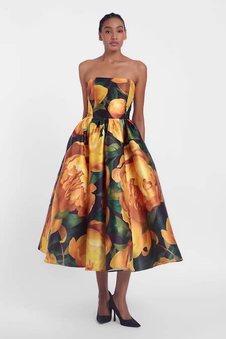 Shop_Gauri & Nainika_Yellow Microfiber Off-shoulder Bloom Printed Strapless Midi Dress _Online_at_Aza_Fashions