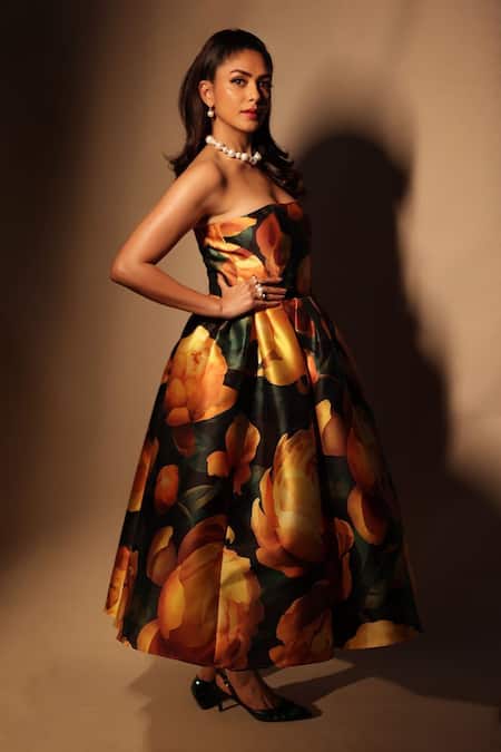 Shop_Gauri & Nainika_Yellow Microfiber Off-shoulder Bloom Printed Strapless Midi Dress _at_Aza_Fashions