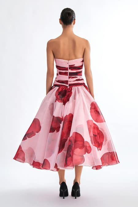Shop_Gauri & Nainika_Pink Chiffon Fabric Flowers Sweetheart Neck Floating Peonies Print Midi Dress _at_Aza_Fashions