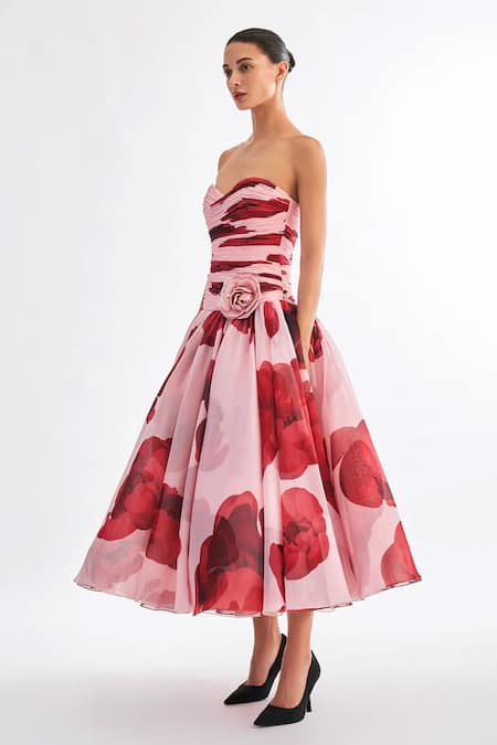 Gauri & Nainika_Pink Chiffon Fabric Flowers Sweetheart Neck Floating Peonies Print Midi Dress _Online_at_Aza_Fashions
