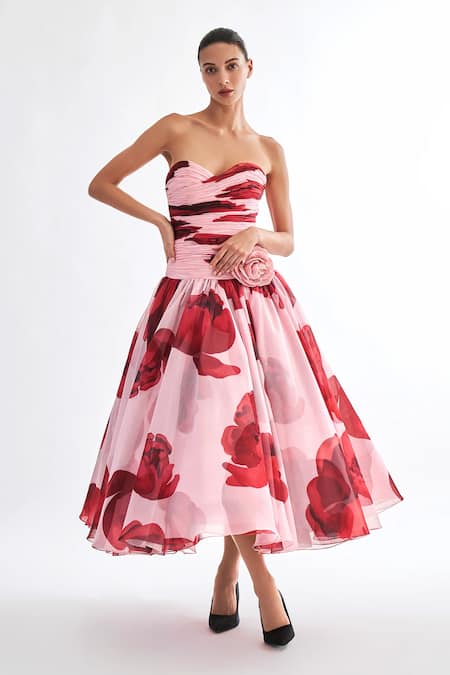 Buy_Gauri & Nainika_Pink Chiffon Fabric Flowers Sweetheart Neck Floating Peonies Print Midi Dress _Online_at_Aza_Fashions