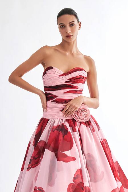 Shop_Gauri & Nainika_Pink Chiffon Fabric Flowers Sweetheart Neck Floating Peonies Print Midi Dress _Online_at_Aza_Fashions