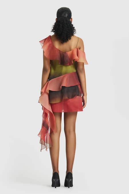 Shop_Gauri & Nainika_Red Organza Ruffles Asymmetric Cascading Shift Dress _at_Aza_Fashions