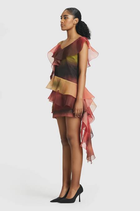Buy_Gauri & Nainika_Red Organza Ruffles Asymmetric Cascading Shift Dress _Online_at_Aza_Fashions