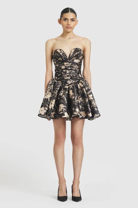 Gauri & Nainika Black Microfiber Sweetheart Neck Toile Print Strapless Dress Online at Aza Fashions Gauri & Nainika_Black Microfiber Sweetheart Neck Toile Print Strapless Dress _Online_at_Aza_Fashions