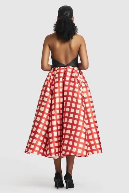 Shop_Gauri & Nainika_Red Microfiber Halter Neck And White Gingham Dress _at_Aza_Fashions