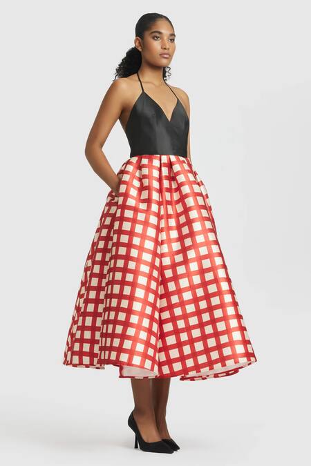 Gauri & Nainika_Red Microfiber Halter Neck And White Gingham Dress _Online_at_Aza_Fashions