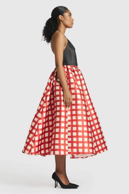Buy_Gauri & Nainika_Red Microfiber Halter Neck And White Gingham Dress _Online_at_Aza_Fashions