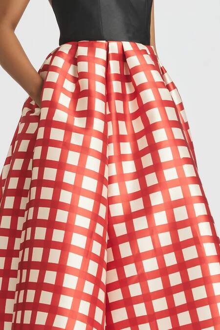 Shop_Gauri & Nainika_Red Microfiber Halter Neck And White Gingham Dress _Online_at_Aza_Fashions