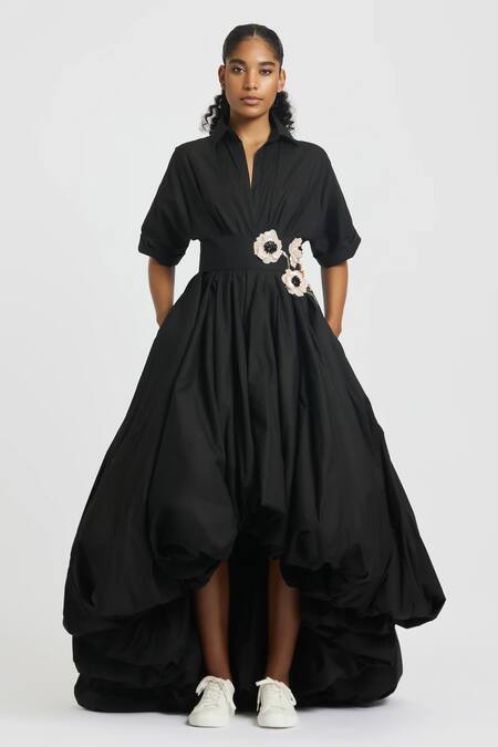 Gauri & Nainika_Black Embroidery Collared Asymmetric Balloon Shirt Dress _Online_at_Aza_Fashions