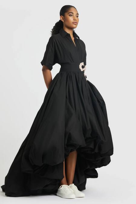 Buy_Gauri & Nainika_Black Embroidery Collared Asymmetric Balloon Shirt Dress _Online_at_Aza_Fashions