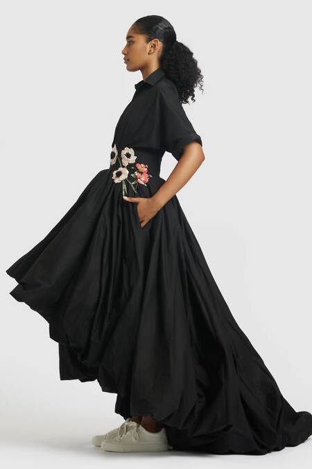 Shop_Gauri & Nainika_Black Embroidery Collared Asymmetric Balloon Shirt Dress _Online_at_Aza_Fashions