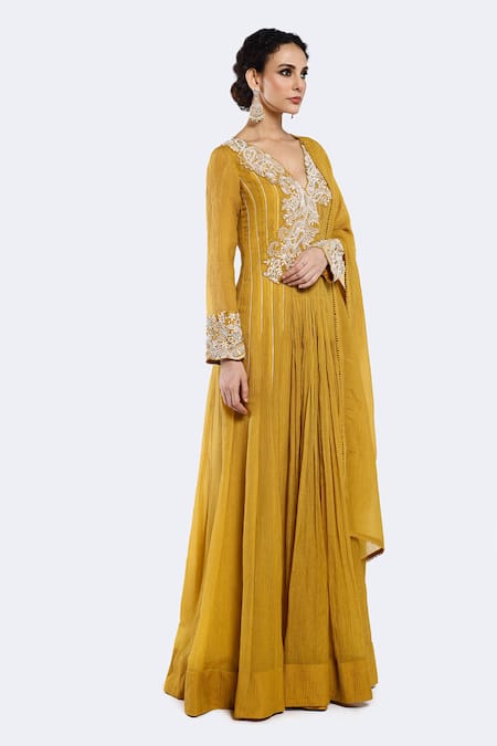 Buy_Onaya_Yellow Crepe Sequins, Embroidery V-neck Floral Anarkali Set _Online_at_Aza_Fashions