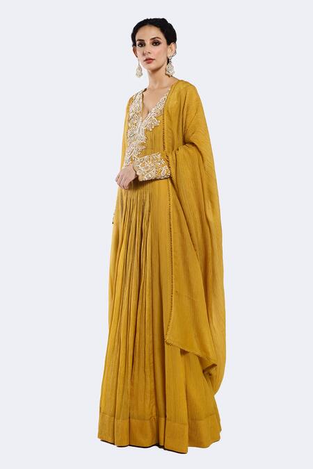 Shop_Onaya_Yellow Crepe Sequins, Embroidery V-neck Floral Anarkali Set _Online_at_Aza_Fashions